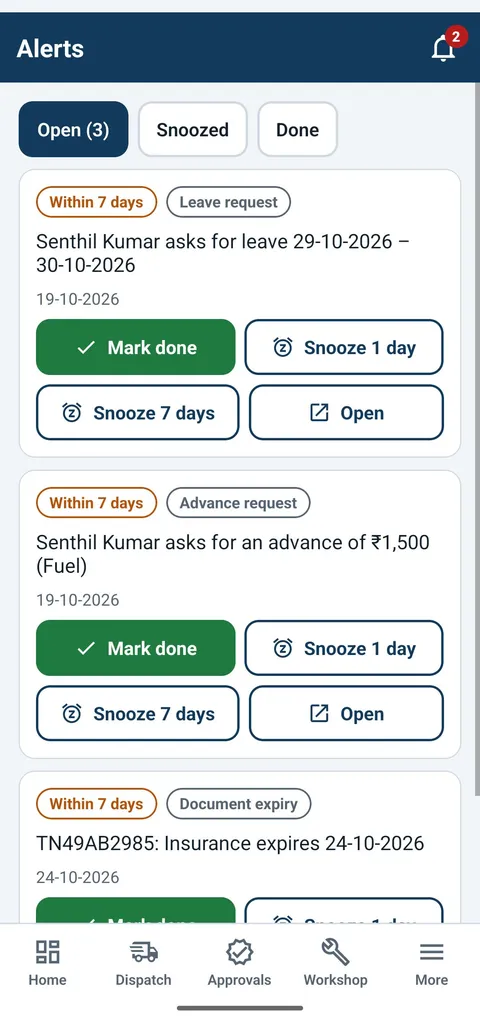 मालिक ऐप की अलर्ट स्क्रीन: छुट्टी, एडवांस और डॉक्यूमेंट एक्सपायरी